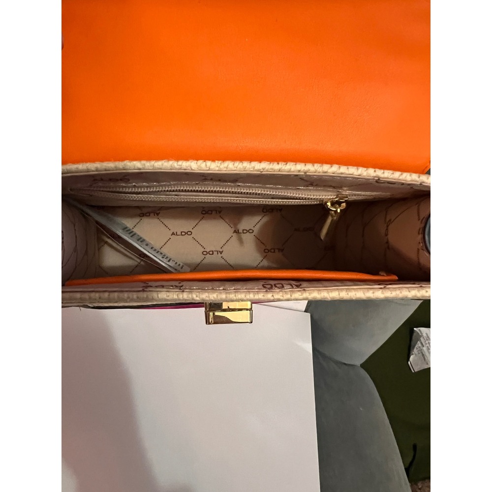 Aldo Floral Embroidered Straw Satchel Bag Colorblock Pink Orange Top Handle - Picture 5 of 11